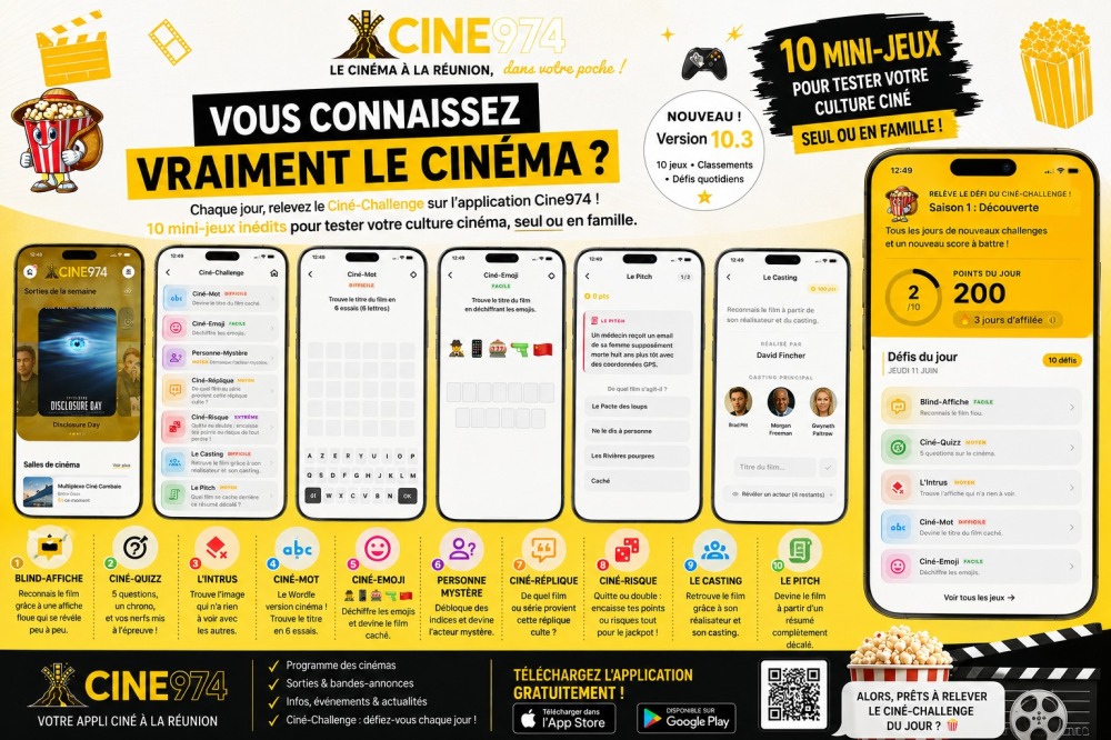 Écrans de l'application Cine974 : accueil, séances et mini-jeux Ciné-Challenge